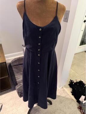 NWOT ROLLAS Navy Button Front linen blend Midi Dress Adjustable Straps M resort